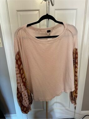 We The Free Pink Waffle Knit Top with Printed Boho Sleeves